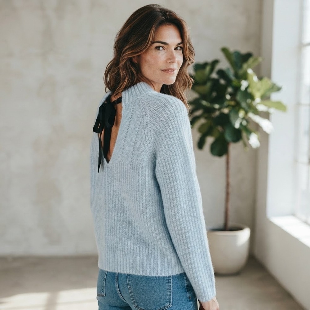 FRNCH Paris Light Blue Cable Knit Mock Neck Sweater Open Back Bow Tie S/M